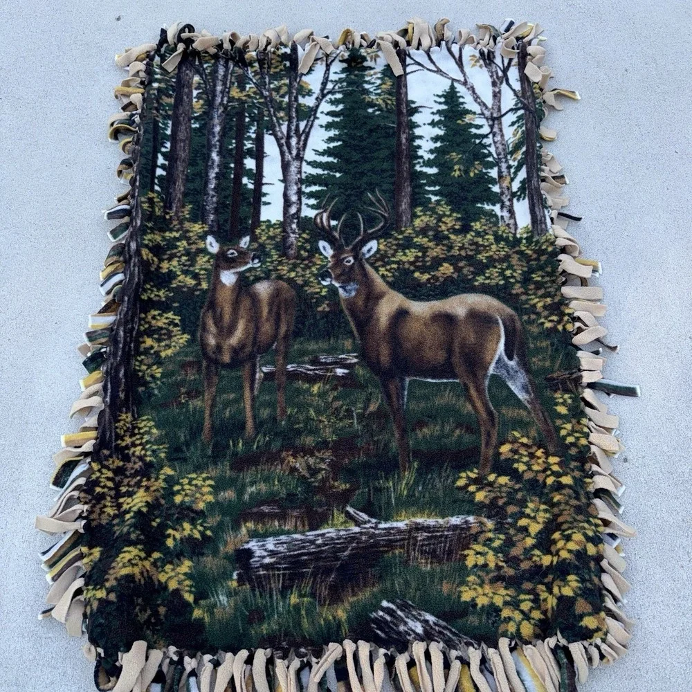Handmade Deer Wildlife Fleece Tie Fringe Throw Blanket Forest Cabin Decor 40x53